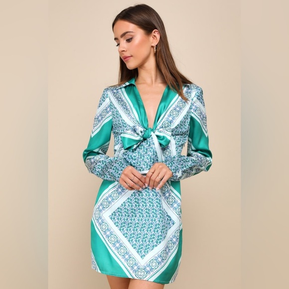 Lulus Dresses & Skirts - Lulu’s Traveling Spirit Green Satin Scarf Print Tie-Front Mini Dress - Size M
